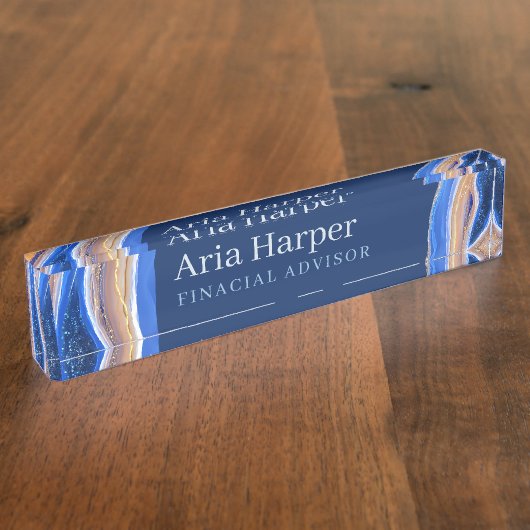 Elegant Stylish Blue Geode Glitzer Agate Desk Nam Namensplakette (Seite)