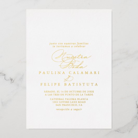Elegant Stylish Calligraphy Nuestra Boda Gold Folieneinladung (Vorderseite)