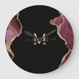 Elegant Stylish Gold Glitter Burgundy Agate Große Wanduhr