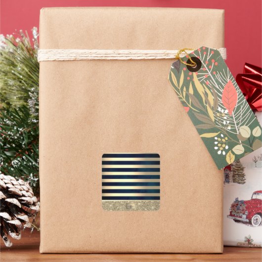 Elegant Stylish Gold Stripes Glitter,Navy Blue Quadratischer Aufkleber (Feiertag)