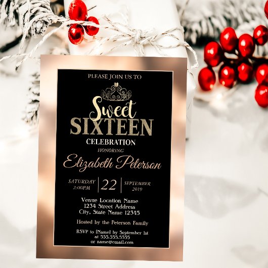 Elegant Stylish Gold Tiara Sweet 16 Party Einladung