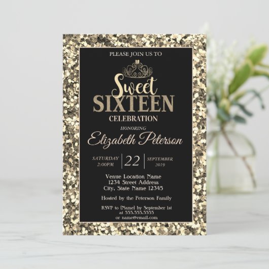 Elegant Stylish Tiara,Gold Sequins Sweet 16 Part Einladung (Stehend Vorderseite)