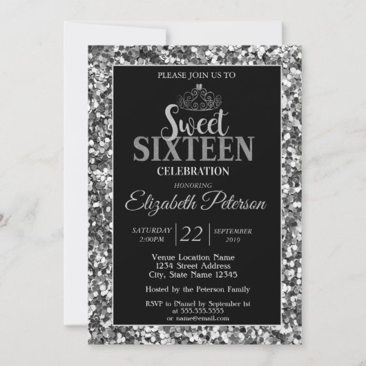 Elegant Stylish Tiara, Silver Sequins Sweet 16 Par Einladung (Vorderseite)