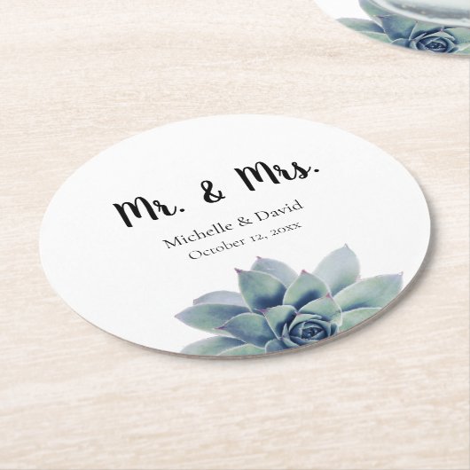 Elegant Succulent Greenery Wedding Mr. & Mrs. Runder Pappuntersetzer (Angewinkelt)