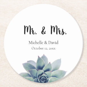 Elegant Succulent Greenery Wedding Mr. & Mrs. Runder Pappuntersetzer