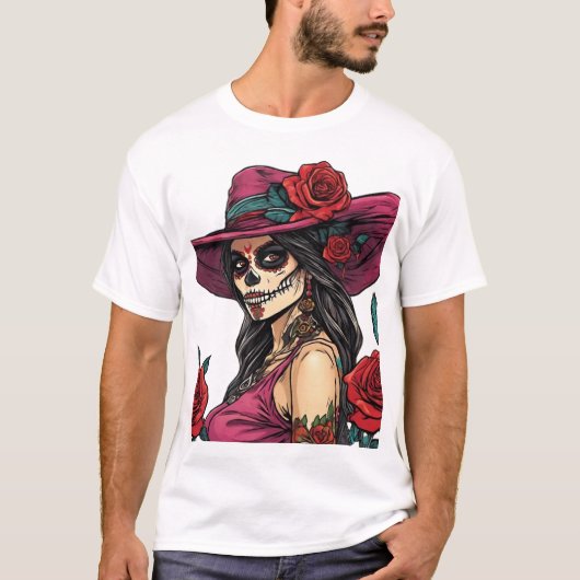 Elegant Sugar Skull Woman - Día de los Muertos T-Shirt (Vorderseite)