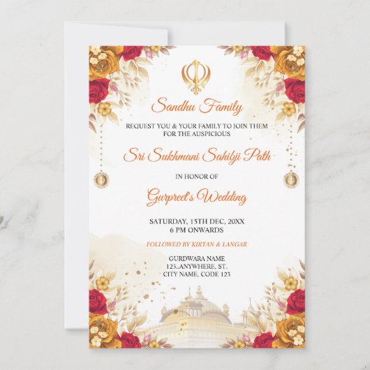 Elegant Sukhmani Sahib Path Wedding Einladung (Vorderseite)