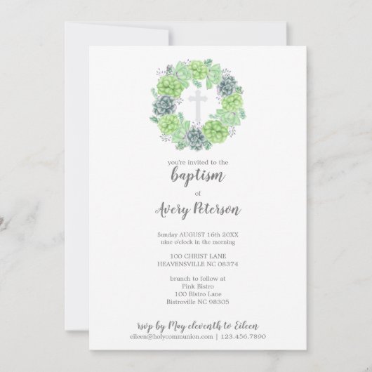 Elegant Sukkulent Cross Baptismus Religiös Einladung (Vorderseite)
