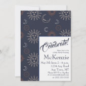 Elegant Sun and Moon on Blue Celestial Baby Shower Einladung (Vorderseite)