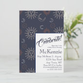 Elegant Sun and Moon on Blue Celestial Baby Shower Einladung (Stehend Vorderseite)