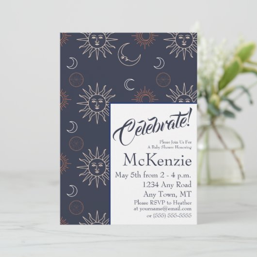 Elegant Sun and Moon on Blue Celestial Baby Shower Einladung (Stehend Vorderseite)