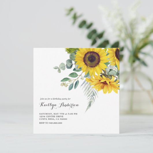 Elegant Sunflower BIrthday Party Einladung (Stehend Vorderseite)