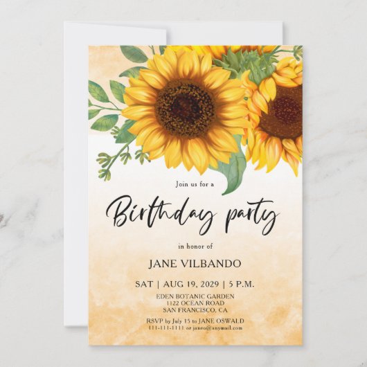 Elegant Sunflower Birthday Party Invitation Einladung (Vorderseite)