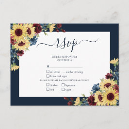 Elegant Sunflower Burgundy Navy Blue Wedding RSVP Einladungspostkarte