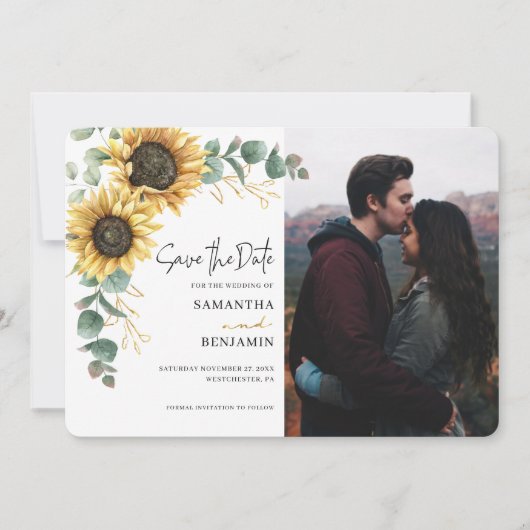 Elegant Sunflower Eucalyptus 1 Photo Wedding Save The Date (Vorderseite)