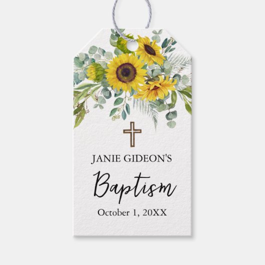 Elegant Sunflower & Eucalyptus Boho Cross Baptism Geschenkanhänger (Vorderseite)