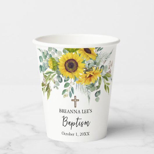 Elegant Sunflower & Eucalyptus Boho Cross Baptism Pappbecher (Vorderseite)