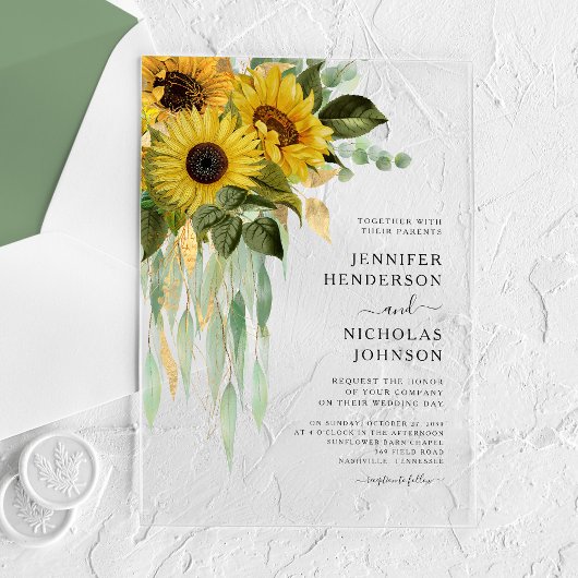 Elegant Sunflower Eucalyptus Wedding Acryleinladungen