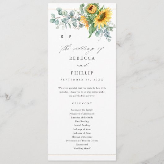 Elegant Sunflower Eucalyptus Wedding Programm (Vorderseite)