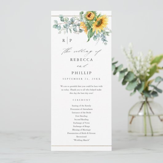 Elegant Sunflower Eucalyptus Wedding Programm (Stehend Vorderseite)