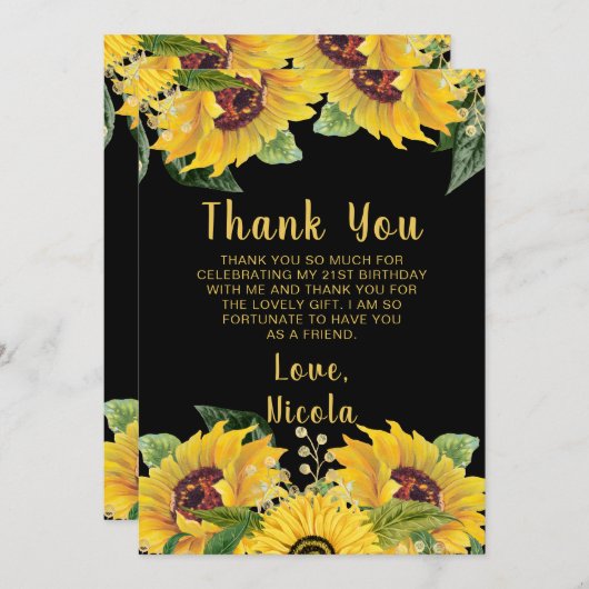 Elegant Sunflowers and Foliage Birthday Party Dankeskarte (Vorne/Hinten)