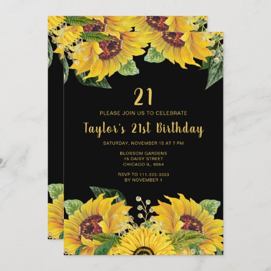 Elegant Sunflowers and Foliage Birthday Party Einladung (Vorne/Hinten)