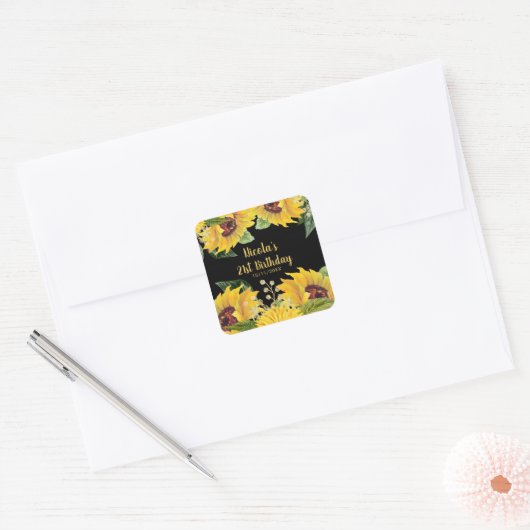Elegant Sunflowers and Foliage Birthday Party Quadratischer Aufkleber (Umschlag)
