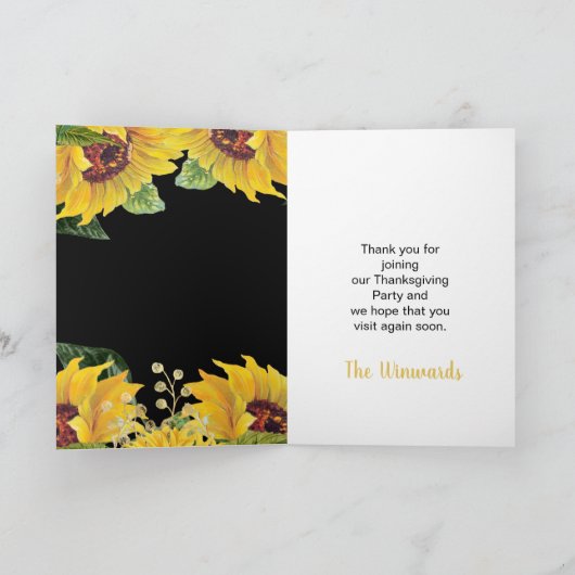Elegant Sunflowers and Foliage Thanksgiving Party Dankeskarte (Innenseite)