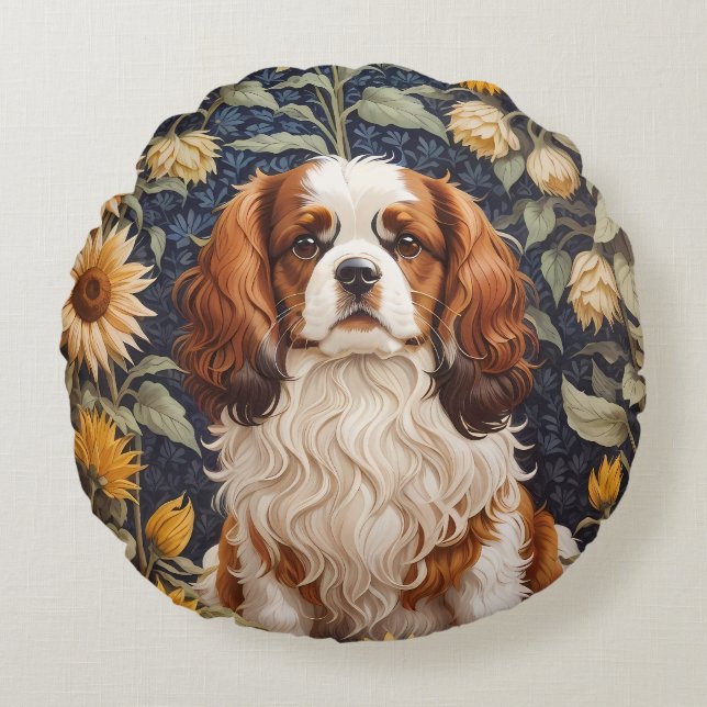 Elegant Sunflowers Cavalier King Charles Spaniel Rundes Kissen (Vorderseite)