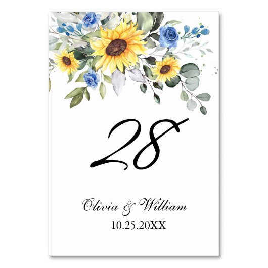 Elegant Sunflowers Eucalyptus Watercolor Wedding Tischnummer (Vorderseite)
