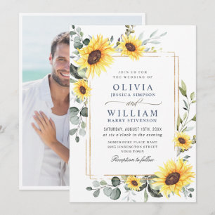 Elegant Sunflowers Eucalyptus Wedding Photo Einladung