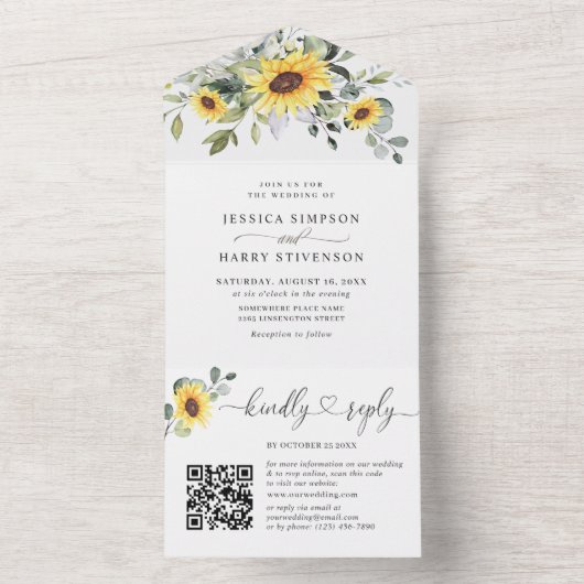 Elegant Sunflowers Eukalyptus Greenerity Wedding All In One Einladung (Innen Boden)