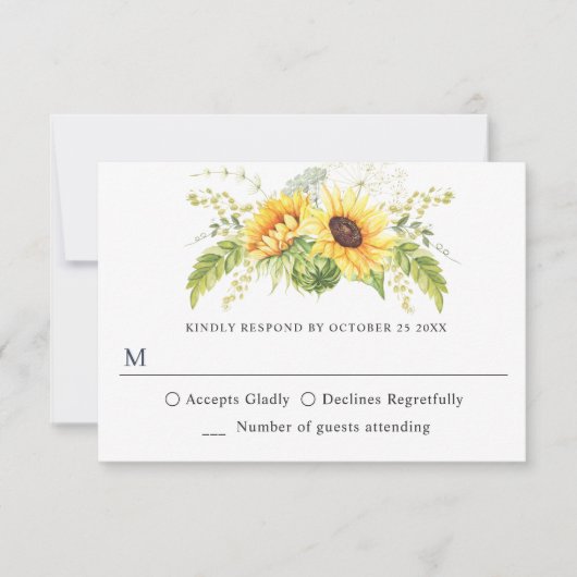 Elegant Sunflowers Eukalyptus Greenerity Wedding RSVP Karte (Vorderseite)