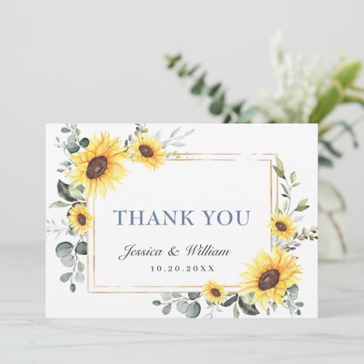 Elegant Sunflowers Eukalyptus Greenery Dankeskarte (Stehend Vorderseite)