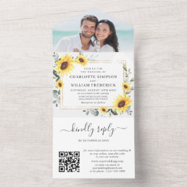 Elegant Sunflowers Eukalyptus Greenery Wedding QR All In One Einladung