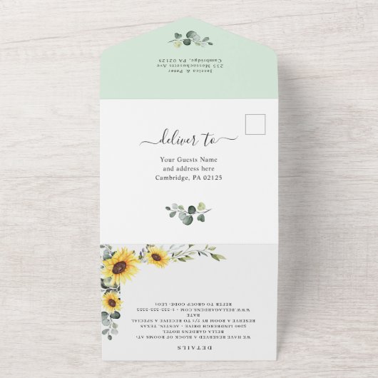 Elegant Sunflowers Eukalyptus Greenery Wedding QR All In One Einladung (Außenbereich)