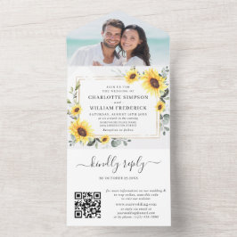 Elegant Sunflowers Eukalyptus Greenery Wedding QR All In One Einladung
