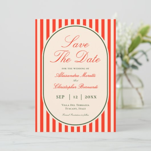 Elegant Sunset Orange Stripe Italian Wedding Save The Date (Stehend Vorderseite)