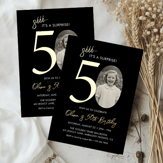 Elegant Surprise 50th Birthday Black and Gold Folieneinladung