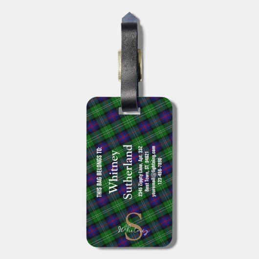 Elegant Sutherland Clan Gold Monogram Script Name Gepäckanhänger (Rückseite vertikal)