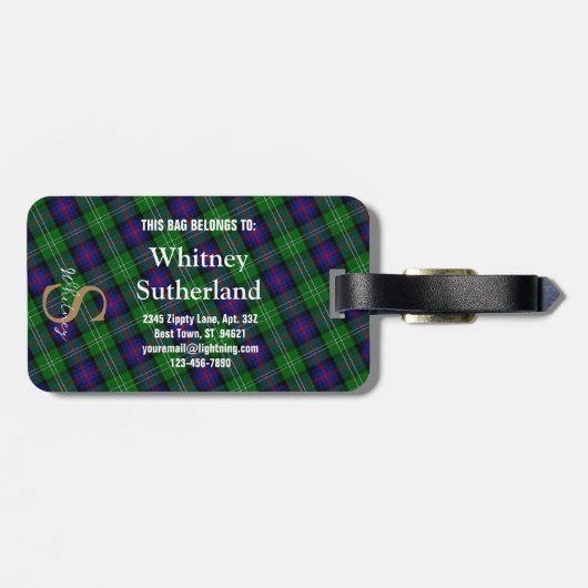 Elegant Sutherland Clan Gold Monogram Script Name Gepäckanhänger (Rückseite horizontal)