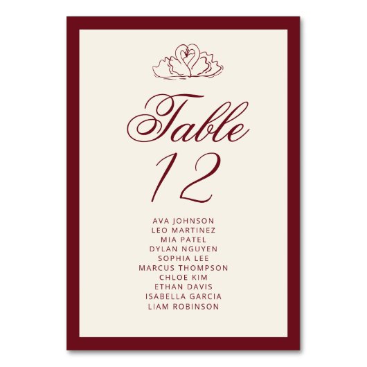 Elegant Swan Deep red Table Seating Chart cards Tischnummer (Vorderseite)