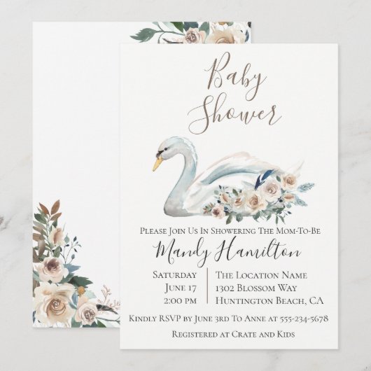 Elegant Swan Floral Baby Shower Einladung (Vorne/Hinten)