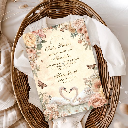 Elegant Swan Lake Floral Baby Shower Einladung