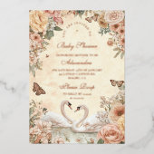 Elegant Swan Lake Floral Baby Shower Folieneinladung (Vorderseite)