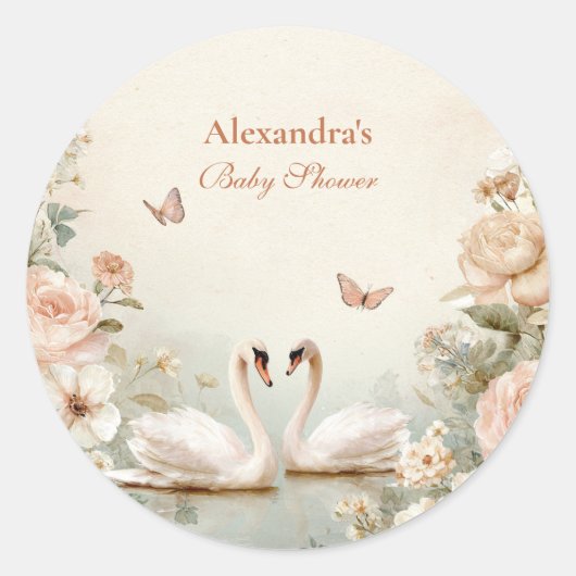Elegant Swan Lake Floral Baby Shower Runder Aufkleber (Vorderseite)