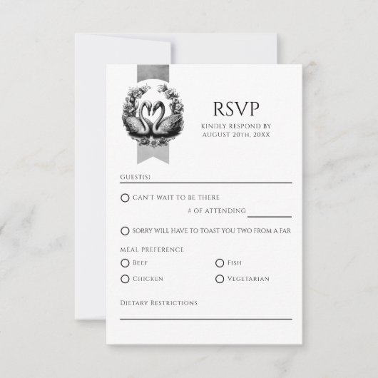 Elegant Swan Wedding RSVP Card | Schwarz und Weiß (Vorderseite)