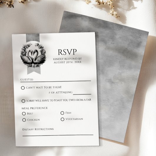 Elegant Swan Wedding RSVP Card | Schwarz und Weiß