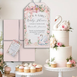 Elegant Swans Pink Ribbon Floral Baby Girl Dusche Geschenkanhänger