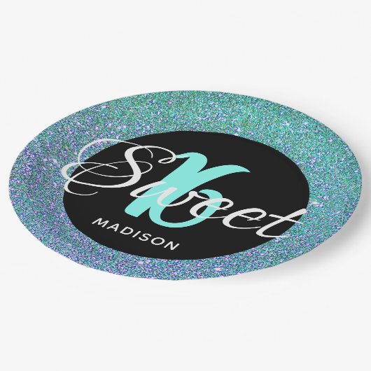 Elegant Sweet 16 Aqua Blue Glitzer Personalisiert Pappteller (Schrägansicht)